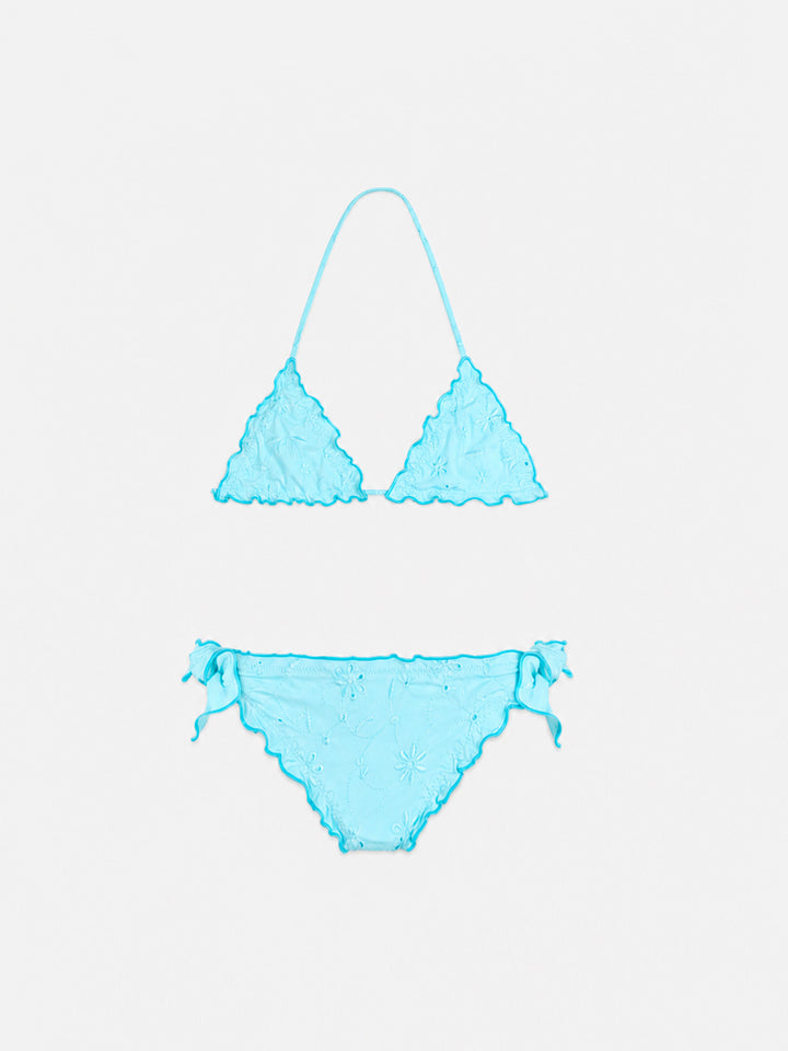 Bikini classico triangolo Cris da bambina verde acqua con ricamo Sangallo