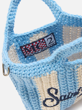 Borsa Crochet Mini a righe azzurre con logo ricamato