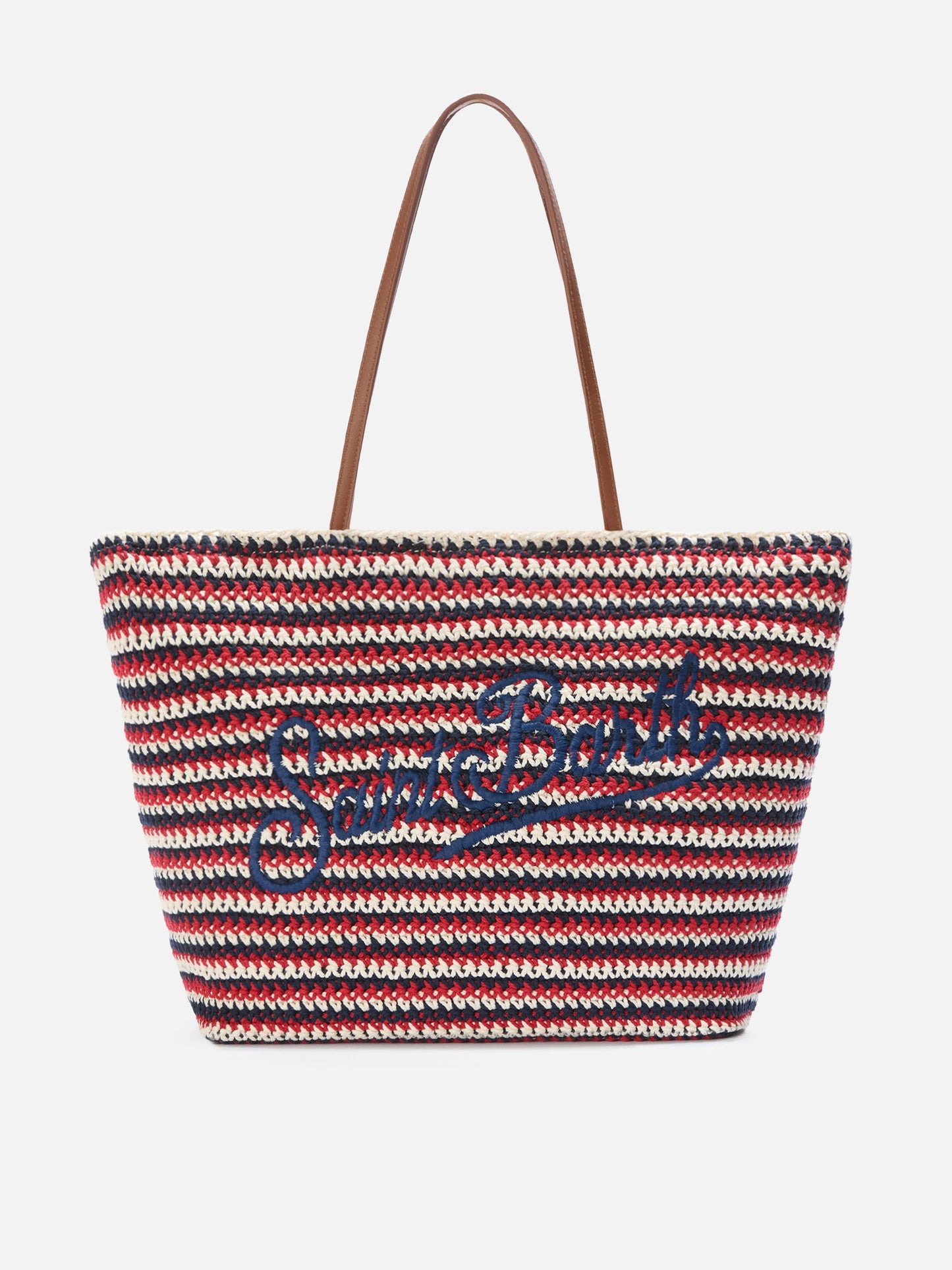 Crochet Tote bag in blue and red stripes with embroidered logo