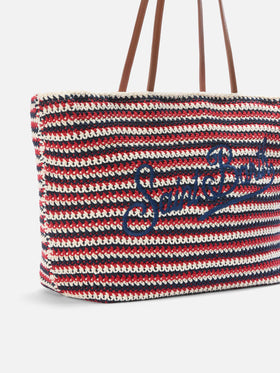 Crochet Tote bag in blue and red stripes with embroidered logo