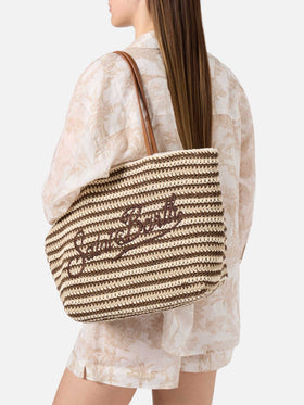 Crochet Tote bag in beige and brown stripes with embroidered logo