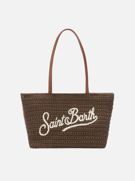 Borsa Tote Crochet medium marrone con logo ricamato