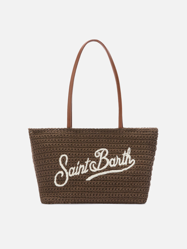 Borsa Tote Crochet medium marrone con logo ricamato