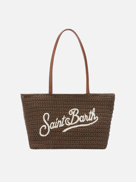 Crochet Tote medium brown bag with embroidered logo
