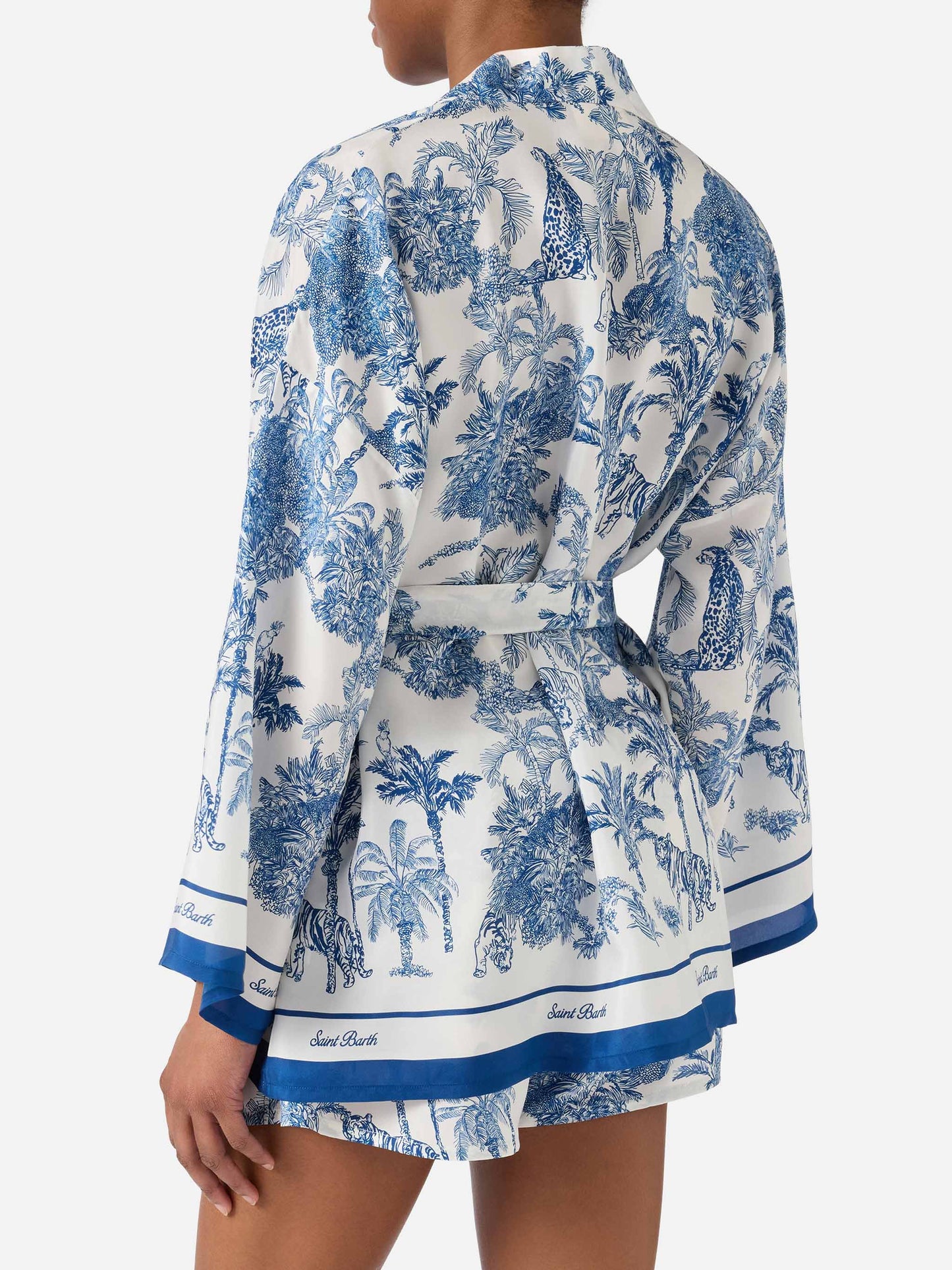 Short Carly kimono in silk with toile de Jouy print
