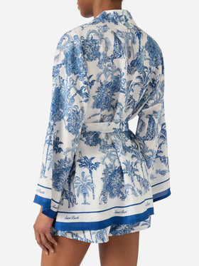 Short Carly kimono in silk with toile de Jouy print