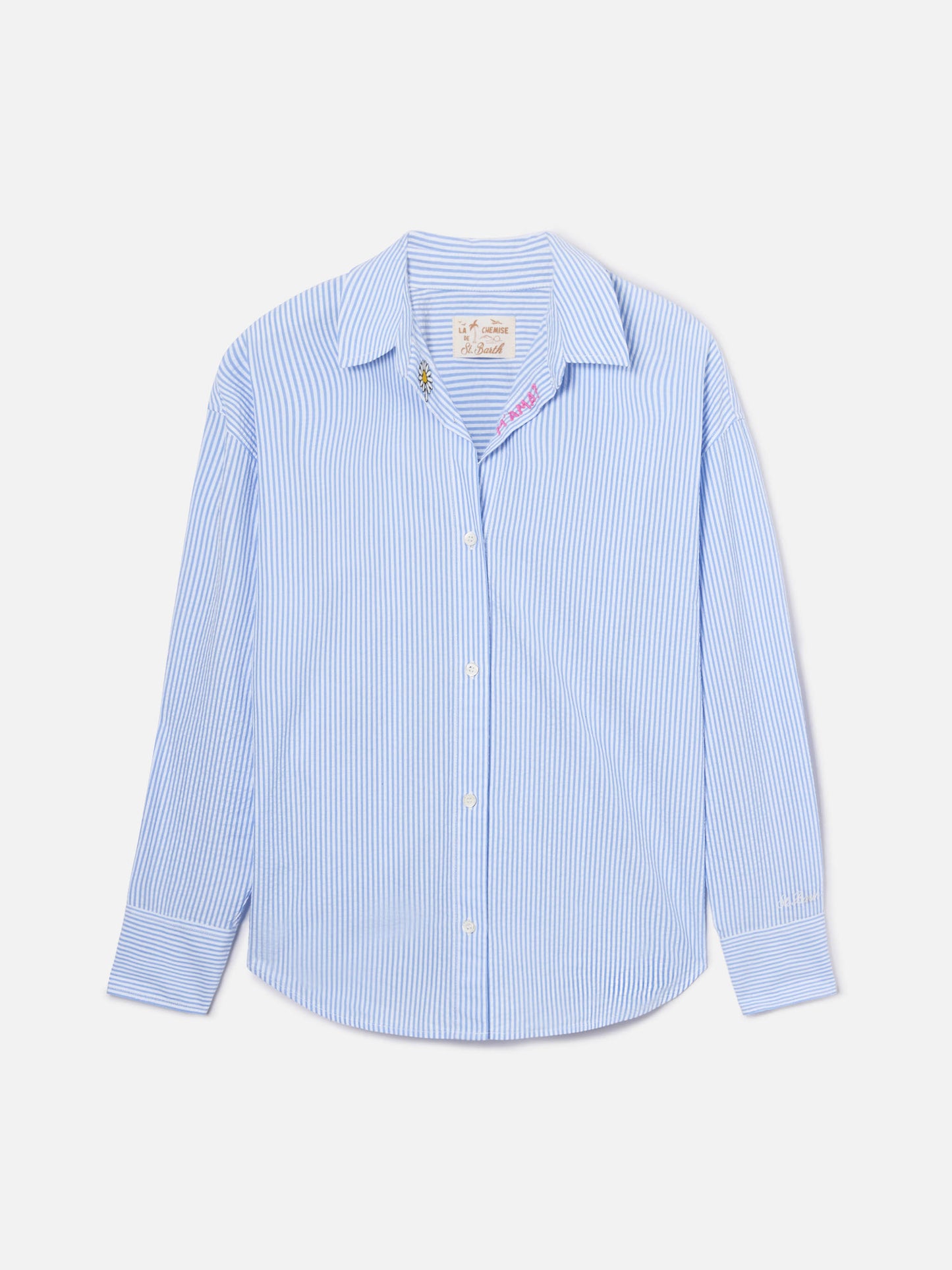 Light blue striped seersucker Cristal shirt with embroidery