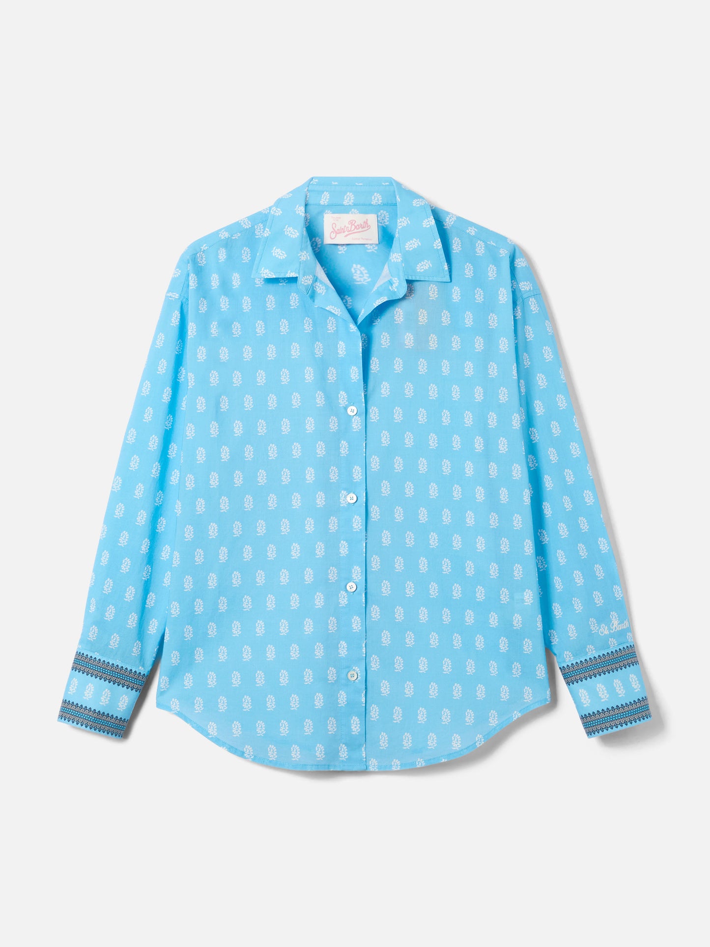 Light blue cotton voile Cristal shirt with paisley print