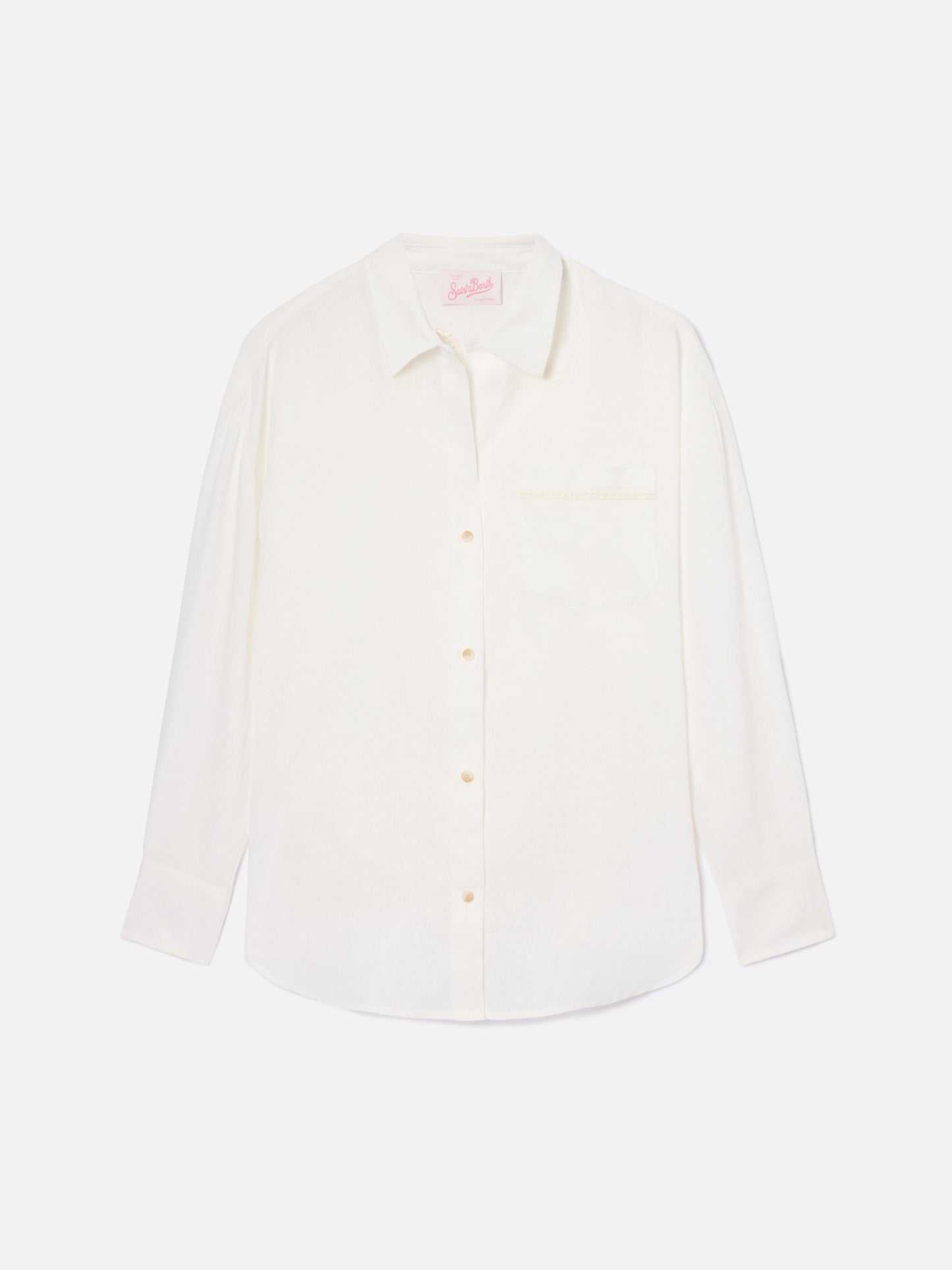 Camicia Cristal in lino bianco con ricamo Saint Barth traforato