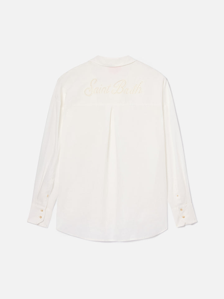 Camicia Cristal in lino bianco con ricamo Saint Barth traforato