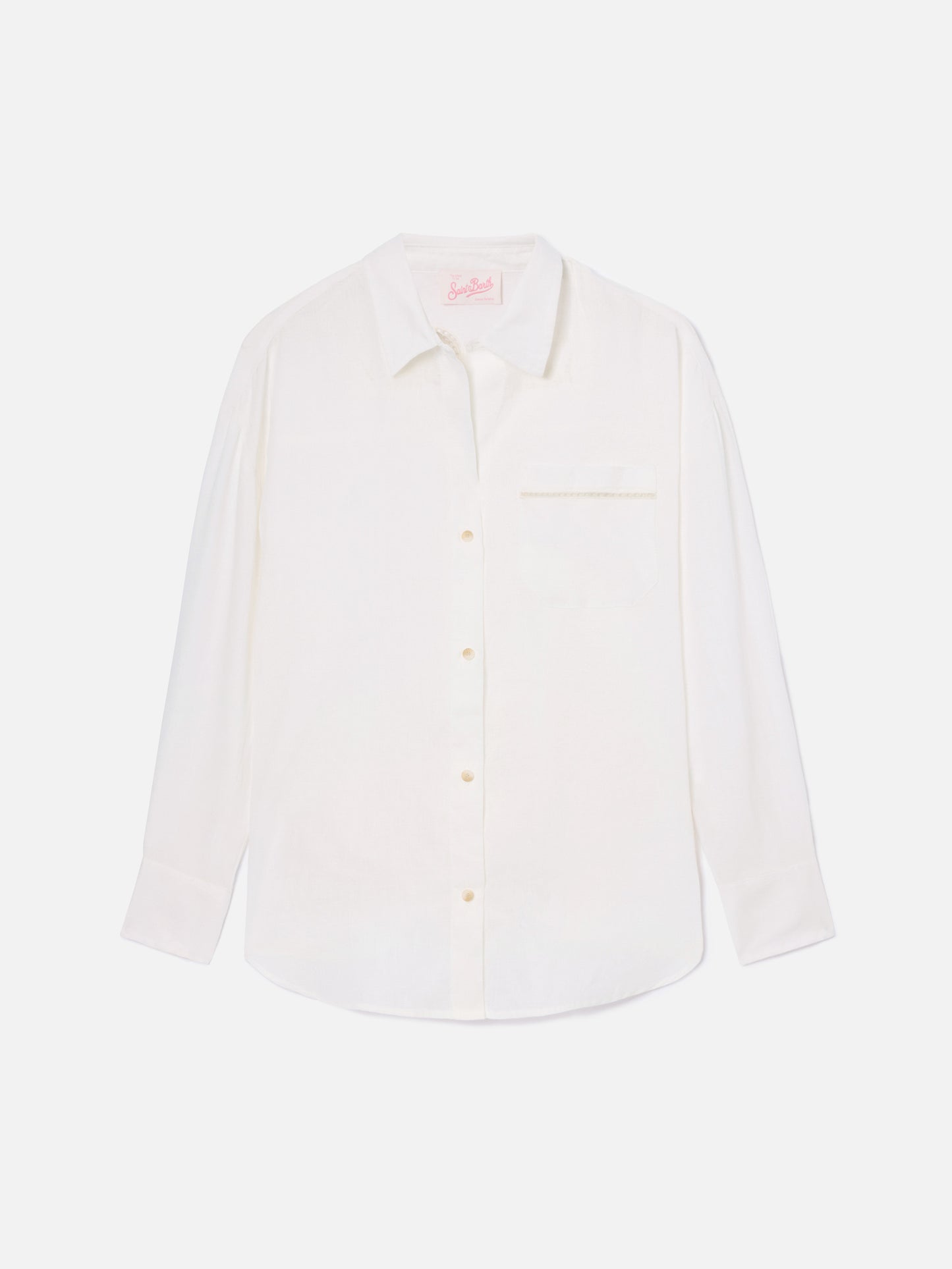 Camicia Cristal in lino bianco con ricamo Saint Barth traforato
