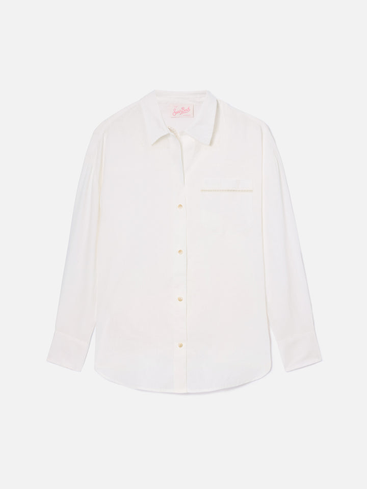 Camicia Cristal in lino bianco con ricamo Saint Barth traforato