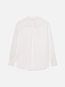 Camicia Cristal in lino bianco con ricamo Saint Barth traforato