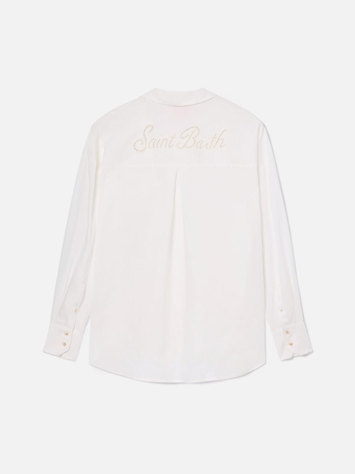Camicia Cristal in lino bianco con ricamo Saint Barth traforato