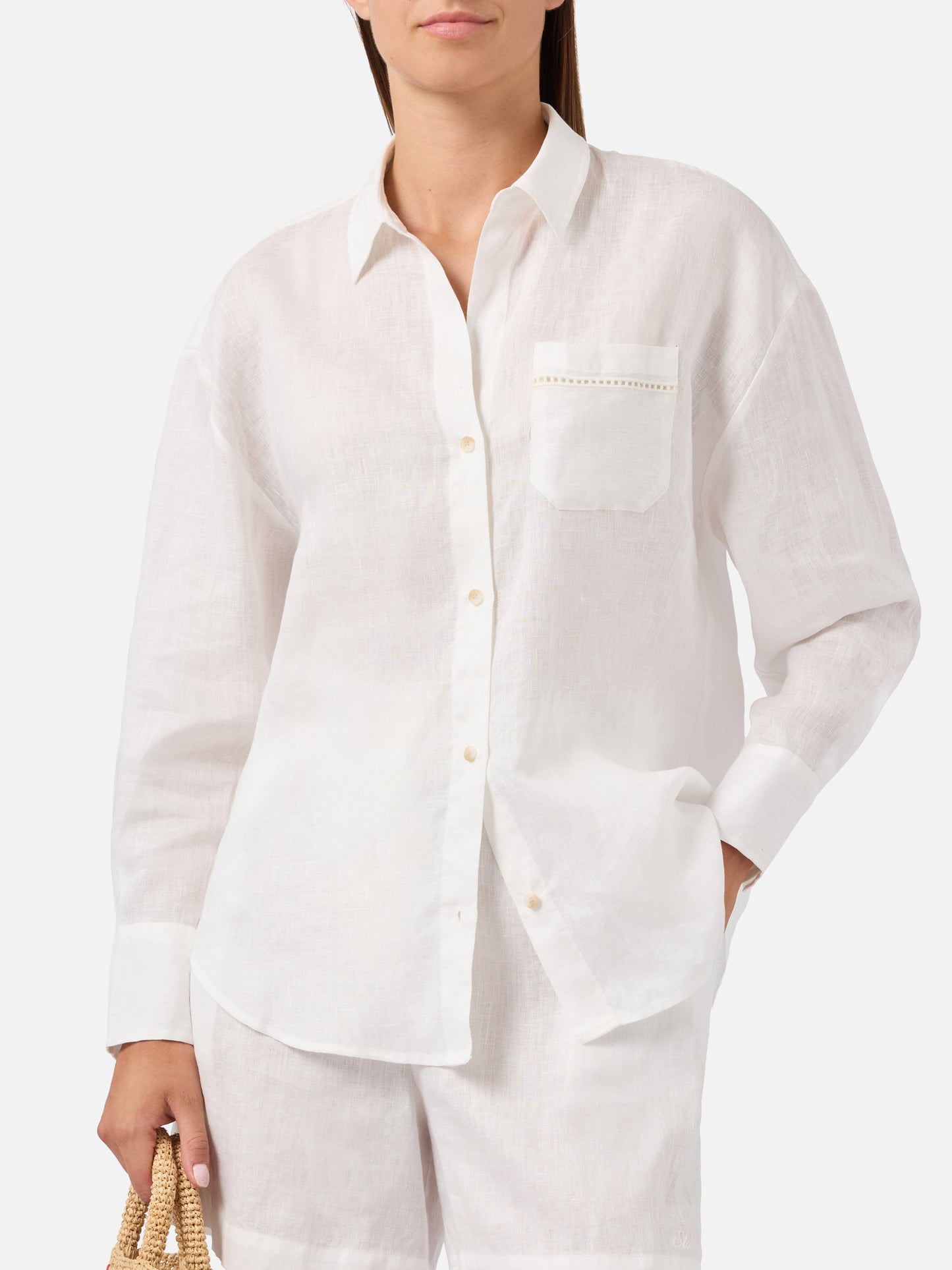 Camisa Cristal de lino blanco con bordado Saint Barth perforado 