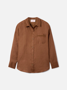 Brown linen Cristal shirt with perforated Saint Barth embroidery
