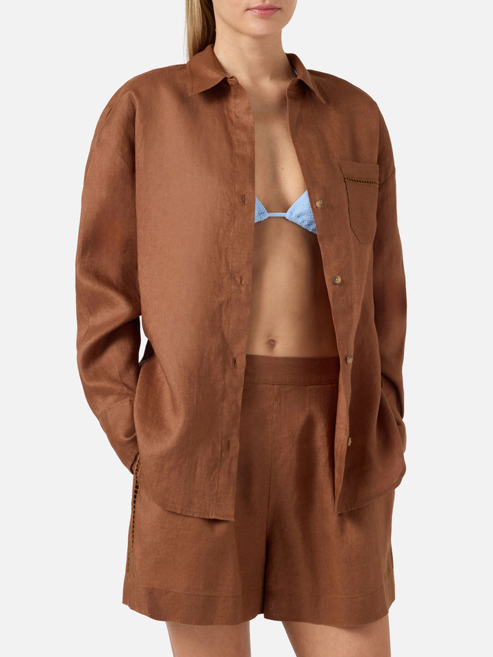 Brown linen Cristal shirt with perforated Saint Barth embroidery