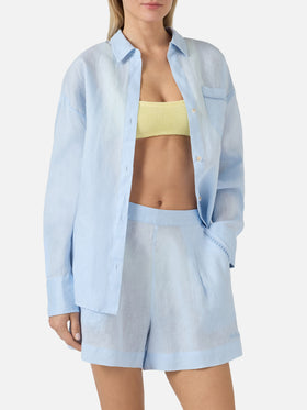 Light blue linen Cristal shirt with perforated Saint Barth embroidery