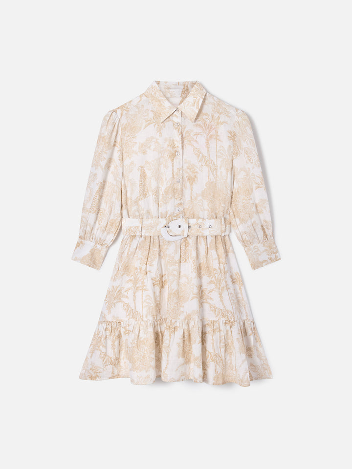 Abito Daisi in lino con stampa toile de jouy in beige