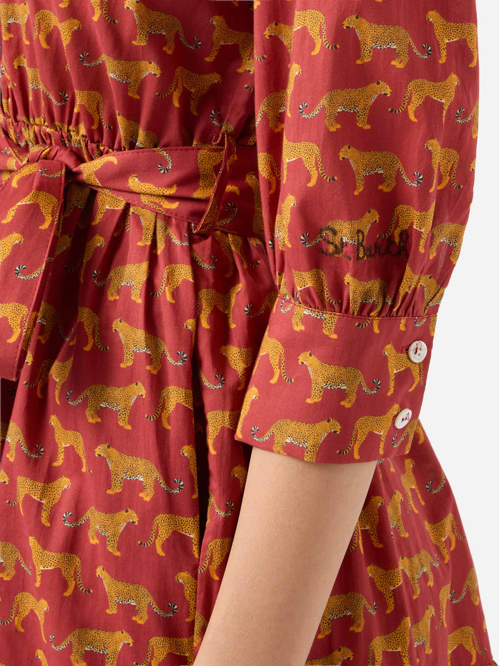 Animalier print cotton short dress Daisi with embroideries