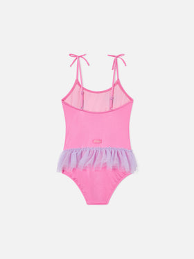 Dancer one-piece swimsuit with tulle ruffle and glittered hearts