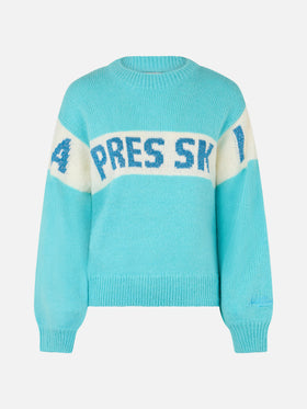Woman light blue sweater Danya with Apres ski print