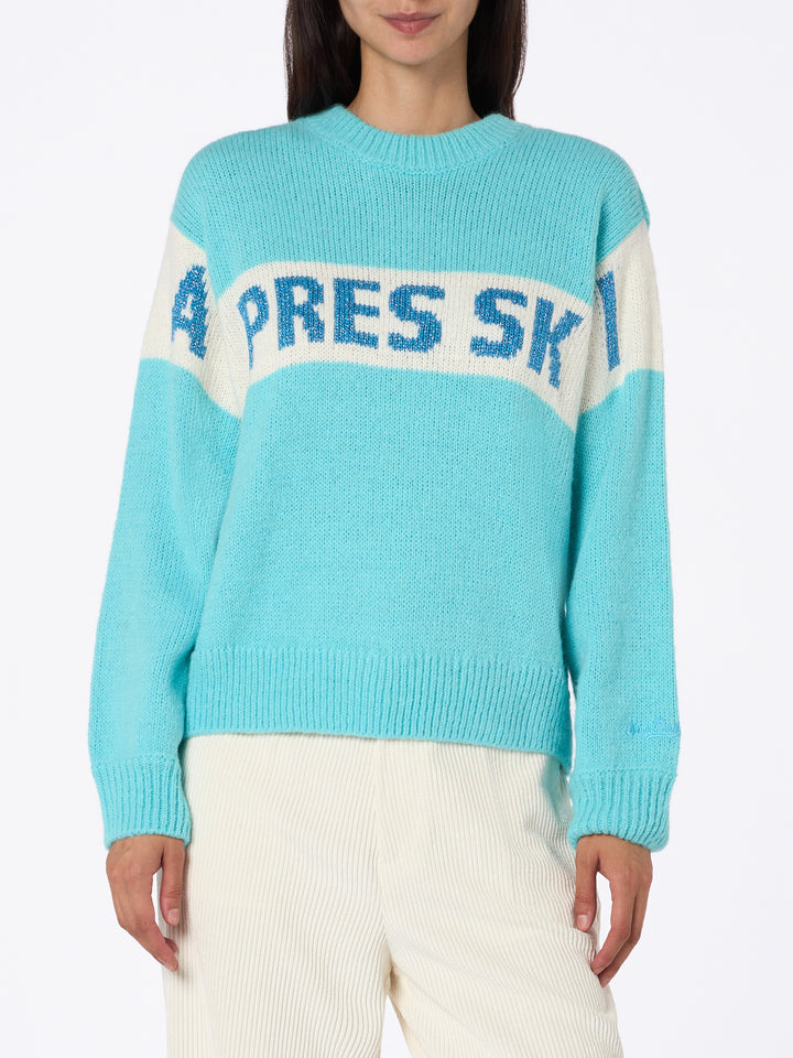 Woman light blue sweater Danya with Apres ski print