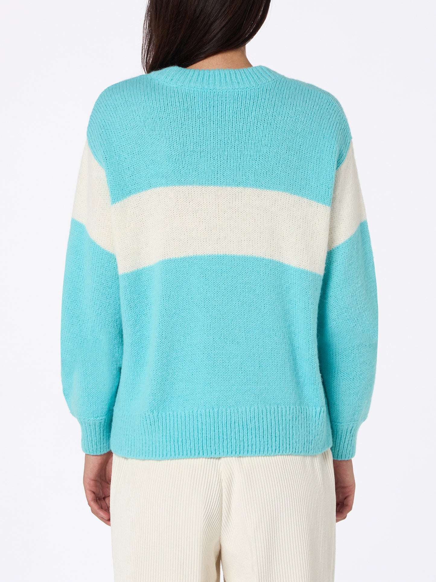 Woman light blue sweater Danya with Apres ski print