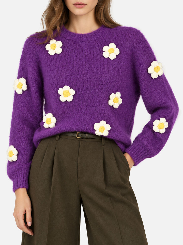 Suéter de cuello redondo Purple Danya Soft con aplicaciones de margaritas 