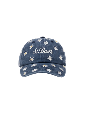 Blaue Baseballkappe aus Denim „Baseball Jr“ mit Gänseblümchen-Stickerei