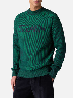 Man green half-turtleneck ribbed sweater