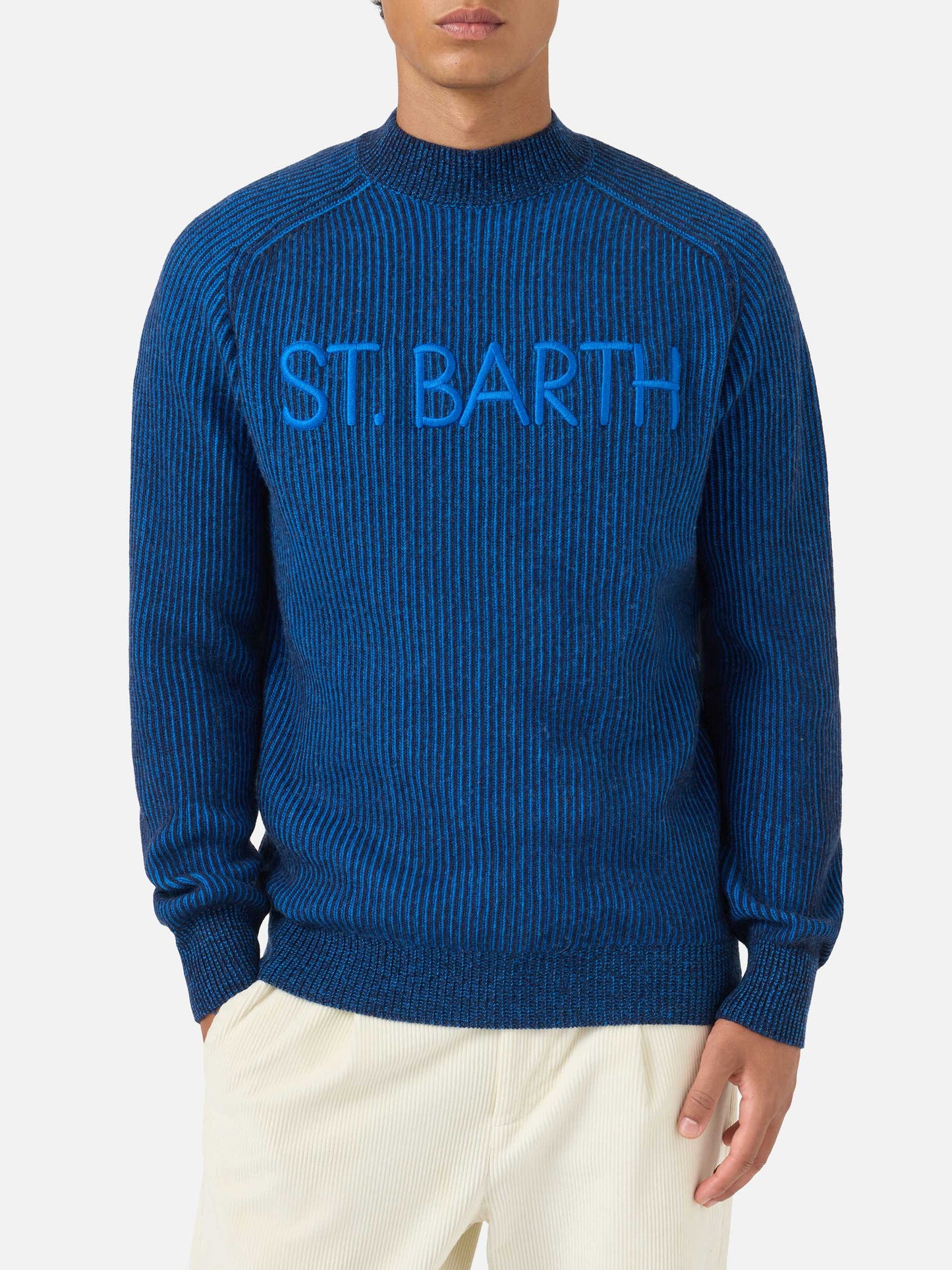 Maglione da uomo mezzo collo a costine blu