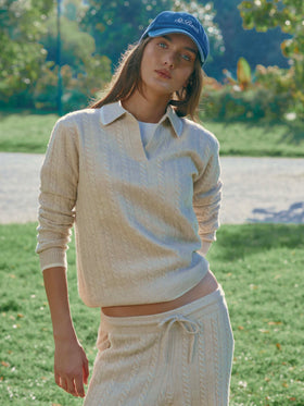 Maglia Clichy beige in lana con collo polo e punto pointelle