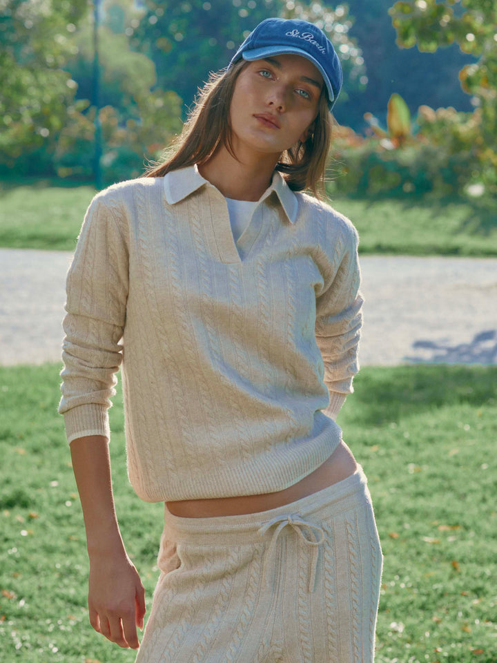Pull en laine Beige Clichy à col polo avec maille pointelle 
