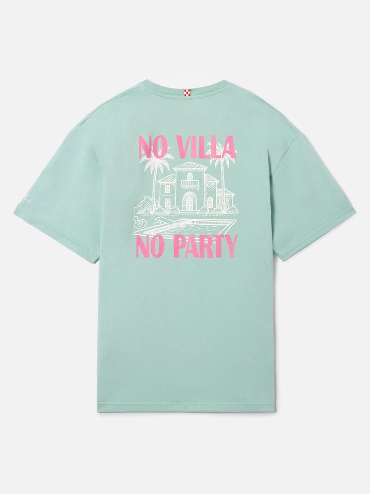 T-shirt Delmar verde con stampa No Villa No Party e maxi grafica sul retro
