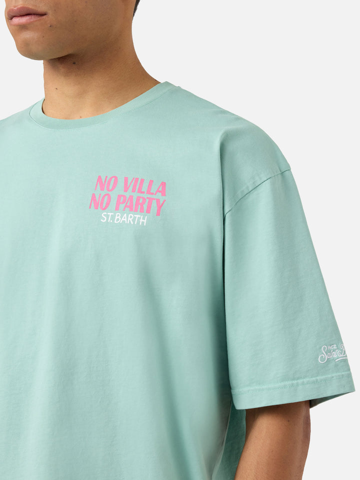 T-shirt Delmar verde con stampa No Villa No Party e maxi grafica sul retro