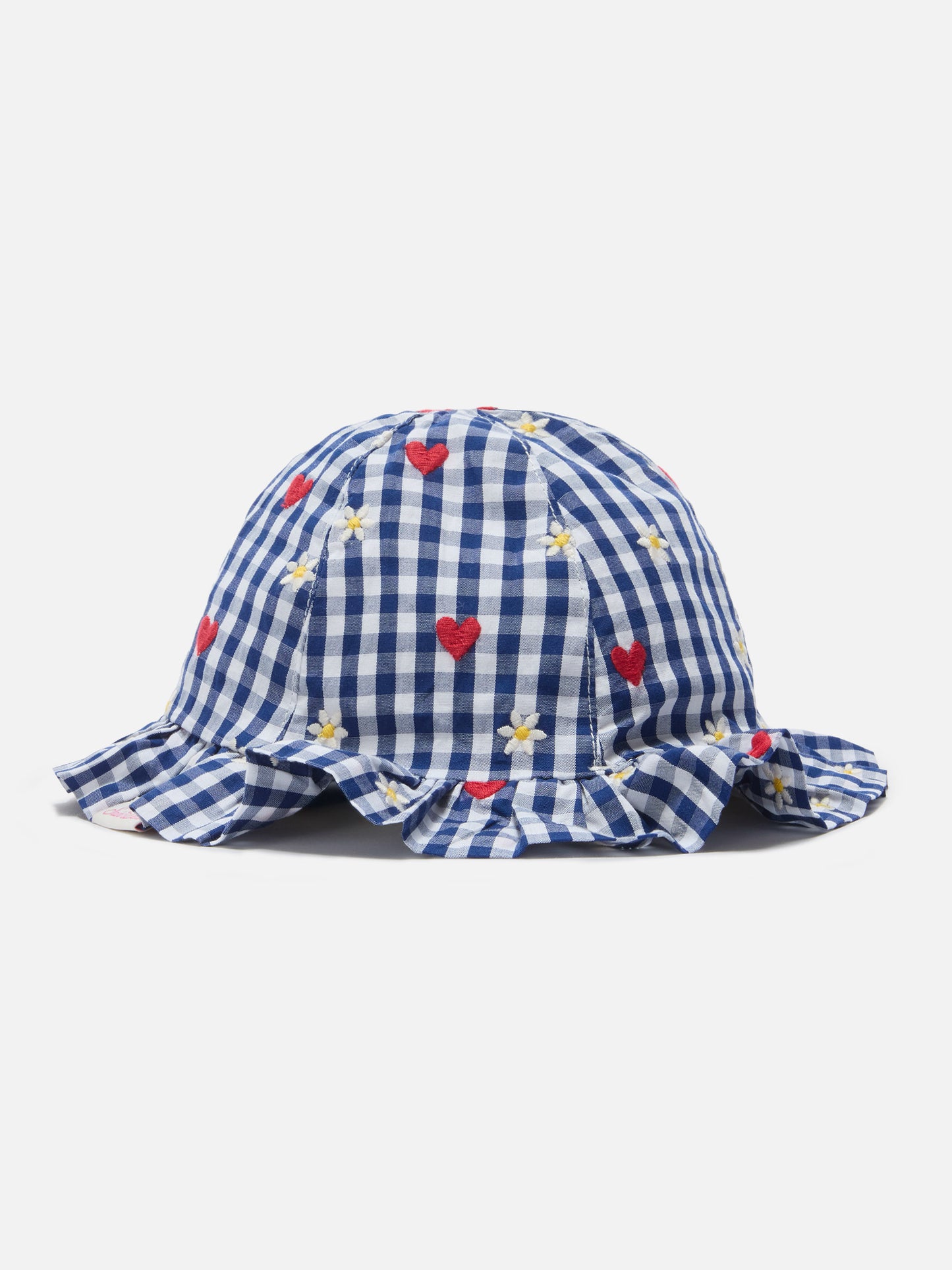 Cappellino da sole Doremi navy in cotone vichy con ricamo fiori e cuori