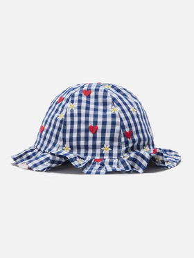 Cappellino da sole Doremi navy in cotone vichy con ricamo fiori e cuori