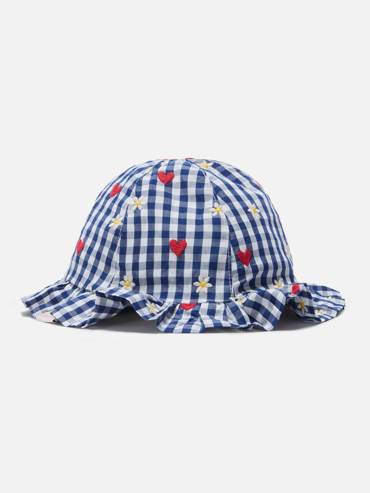 Navy Doremi sun hat with cotton vichy flower heart embroidery