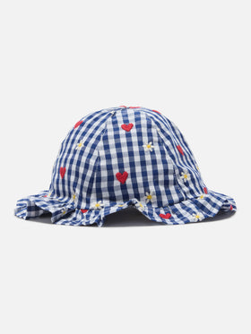 Cappellino da sole Doremi navy in cotone vichy con ricamo fiori e cuori
