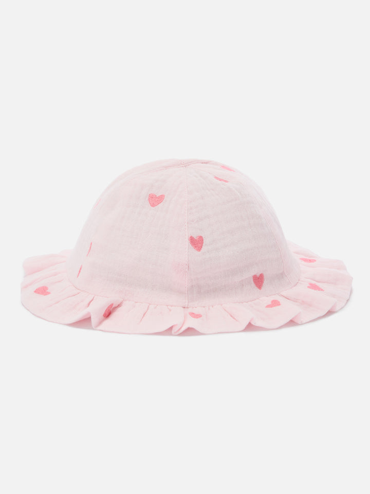 Pink Doremi sun hat with muslin heart embroidery