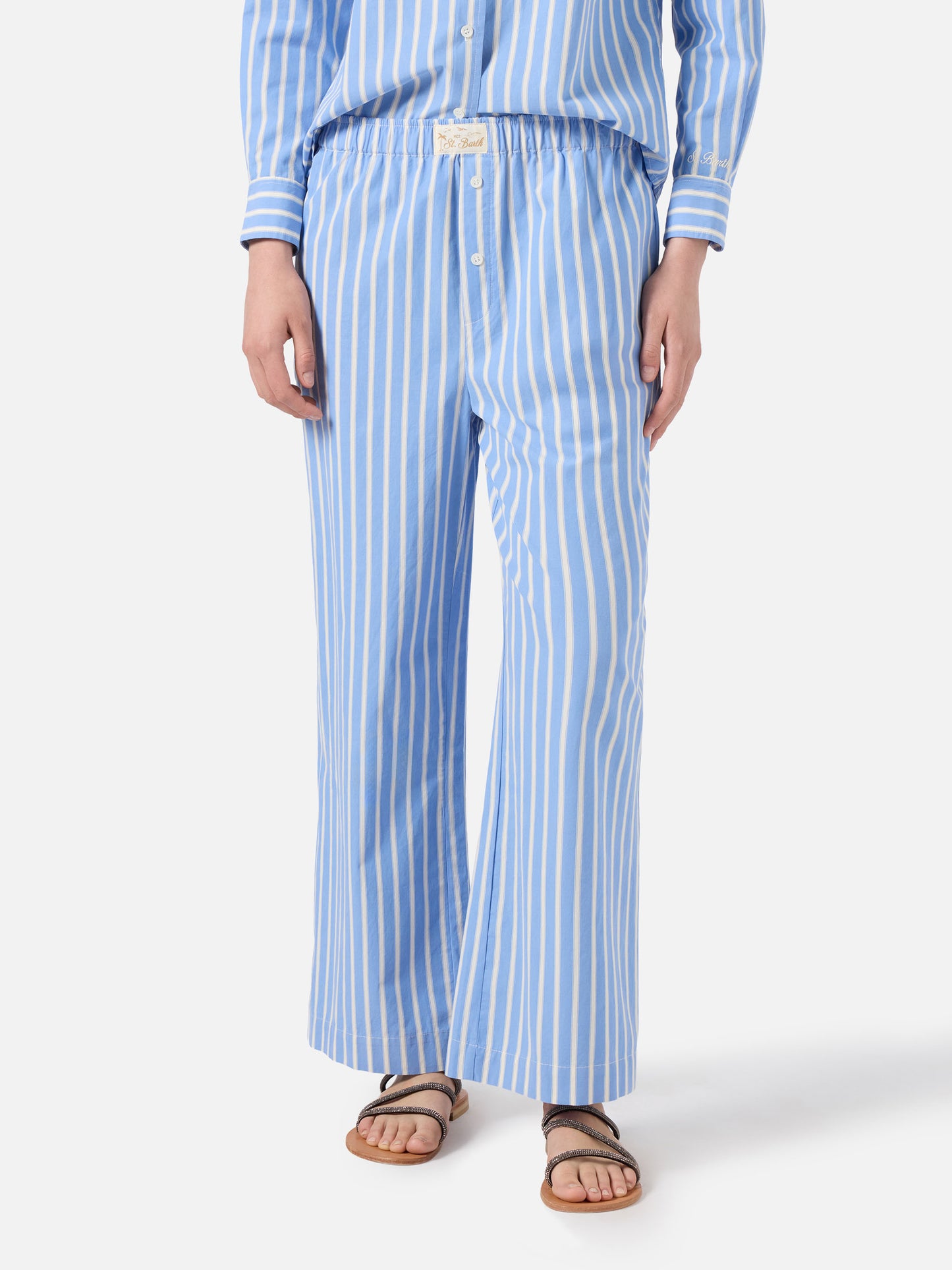 Pantaloni Doha in popeline a righe azzurre