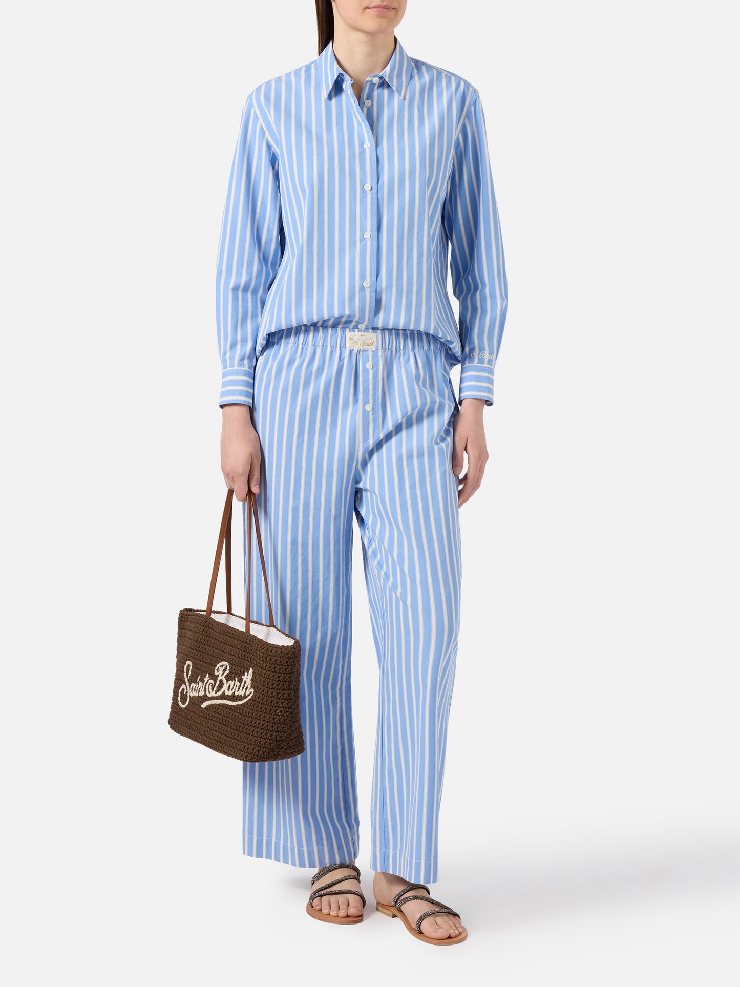 Pantaloni Doha in popeline a righe azzurre