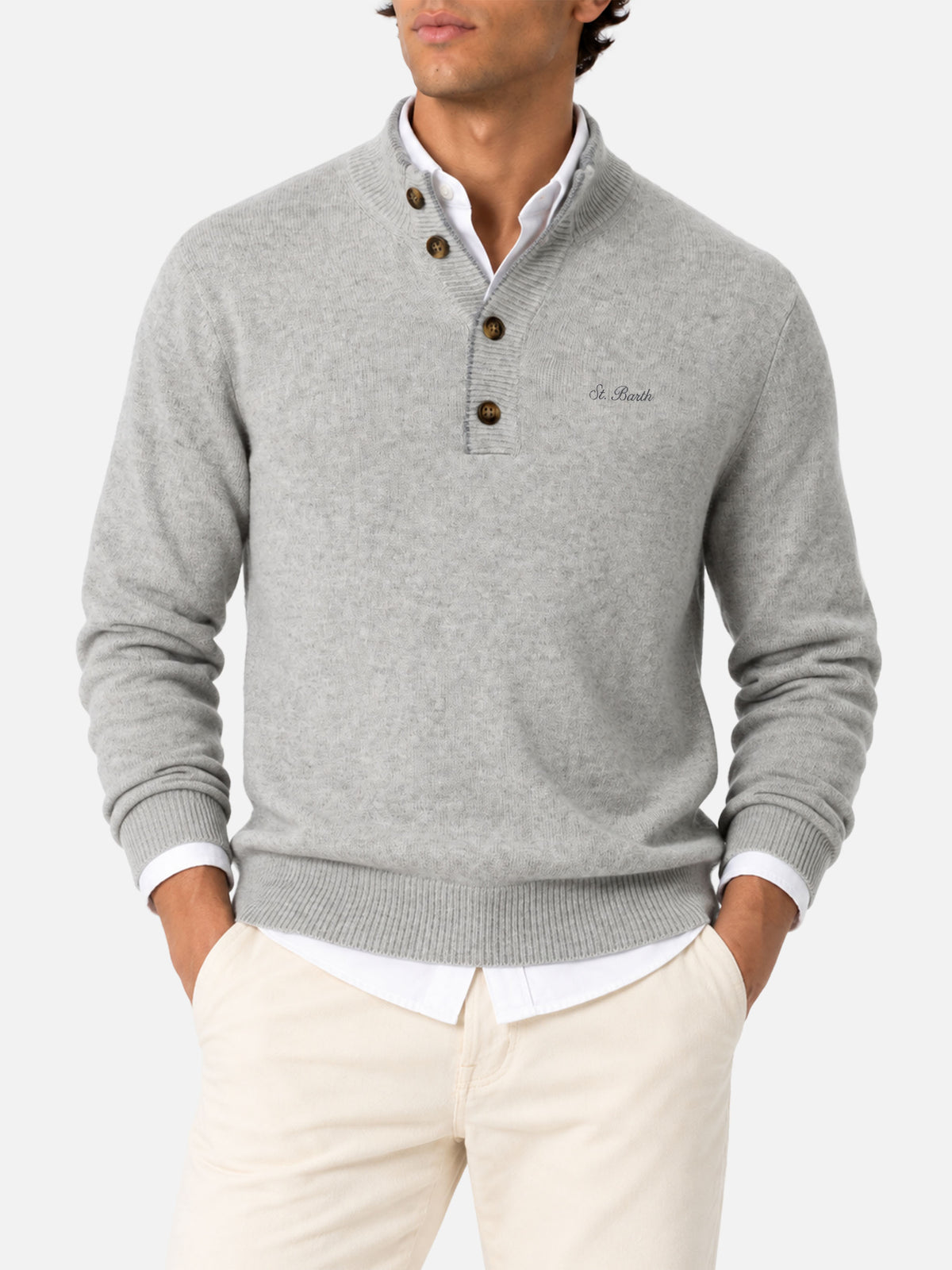 Light grey melange Dorian polo collar sweater with horn buttons