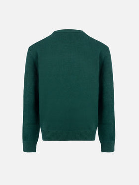 Maglione girocollo verde da bambino con sciarpa beagle Douglas