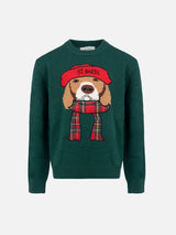 Maglione girocollo verde da bambino con sciarpa beagle Douglas