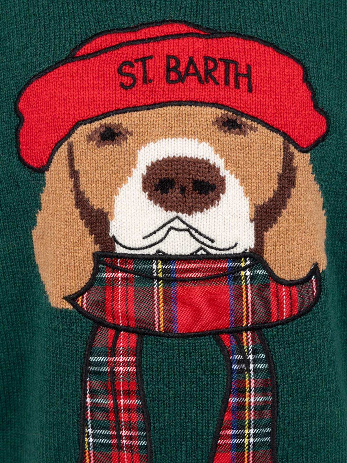 Maglione girocollo verde da bambino con sciarpa beagle Douglas