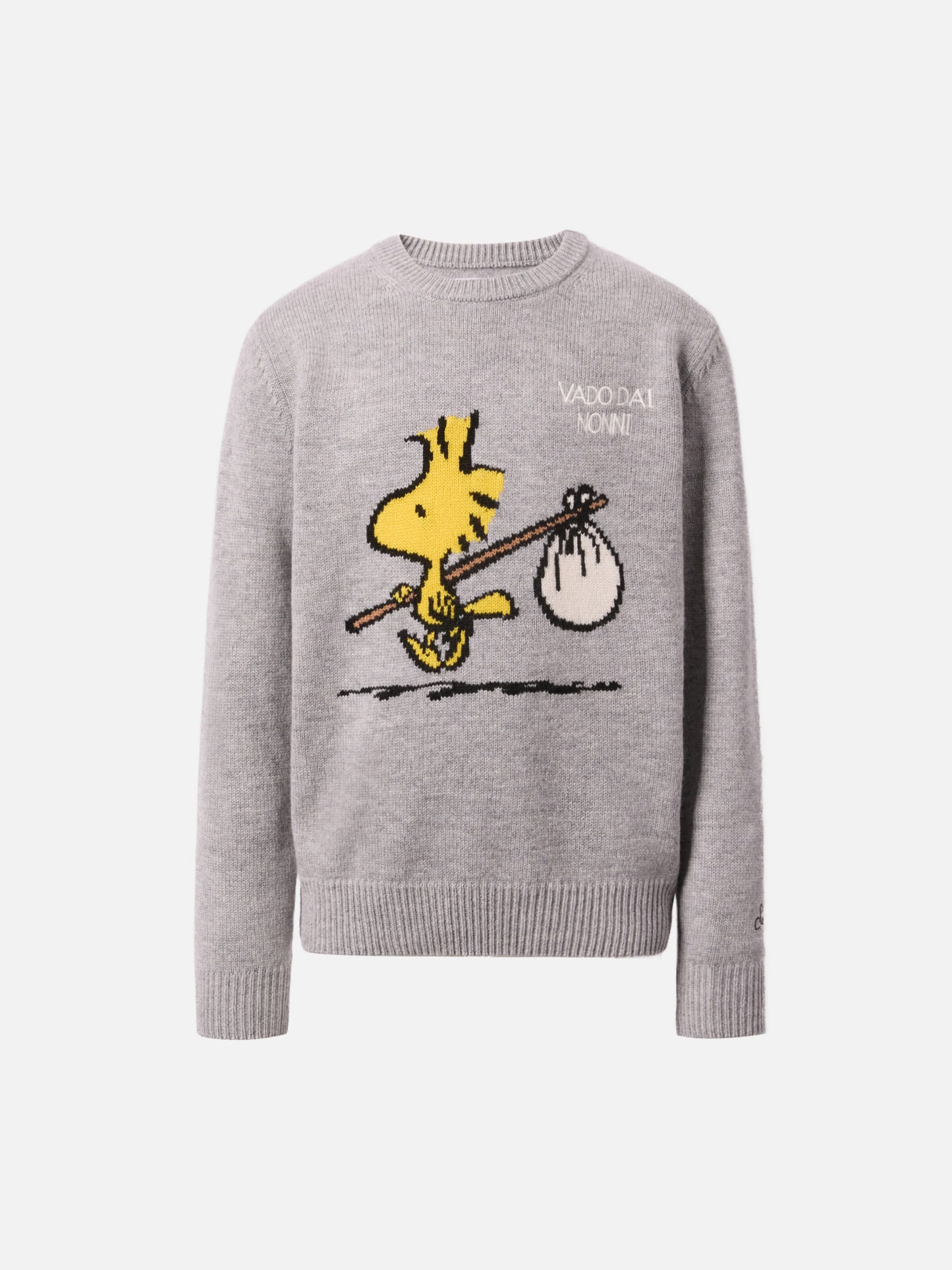 Maglione Douglas  in misto cashmere con stampa Woodstock e ricamo Vado dai Nonni | PEANUTS SPECIAL EDITION
