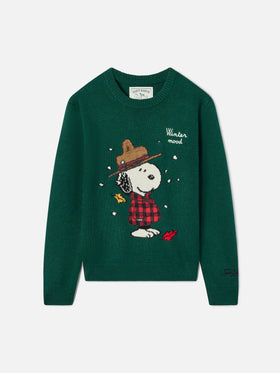 Jersey de punto verde con cuello redondo con parche de Snoopy y bordado Winter Mood | Special edition 