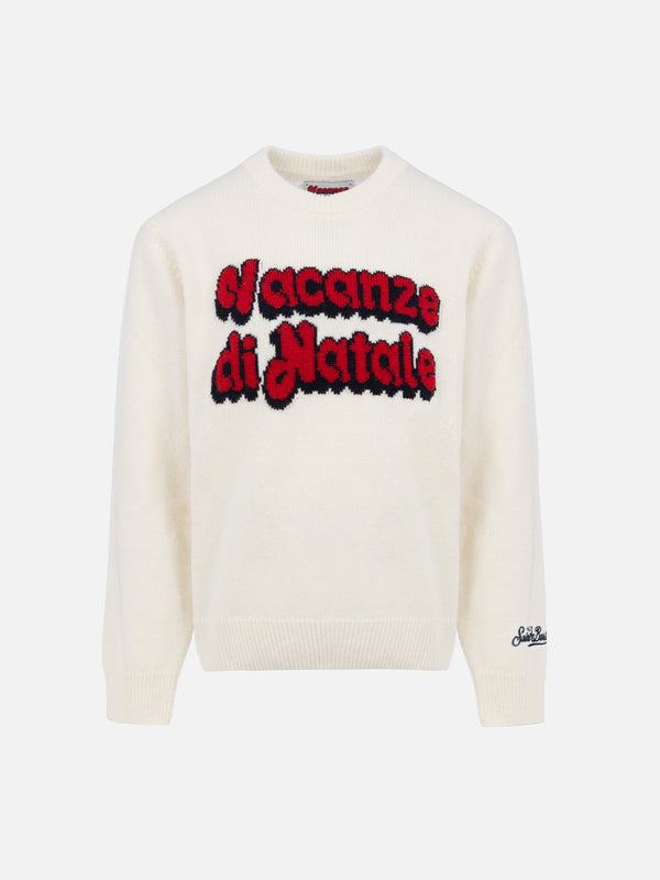 Boy white crewneck sweater Douglas with Vacanze di Natale film logo jacquard | VACANZE DI NATALE SPECIAL EDITION